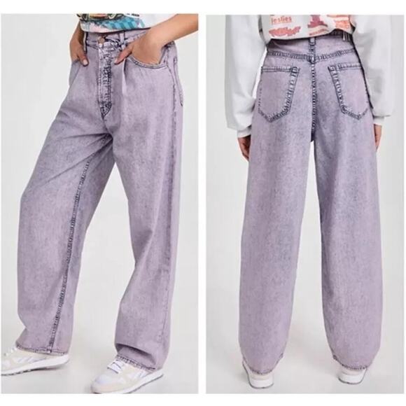 Mother Snacks The Pleated Fun Dip Puddle Silver Pink Wide Leg Jeans 27 Denim USA - Picture 1 of 14